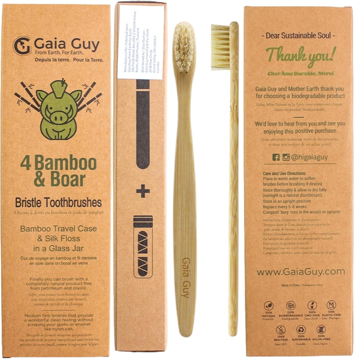 Bamboo and Boar Bristle Toothbrush (4 Pack) + Travel Case & Silk Dental Floss | 100% Compostable Bristles and Floss | Eco-Friendly Dental Set | Biodegradable & Compostable Wooden Toothbrushes