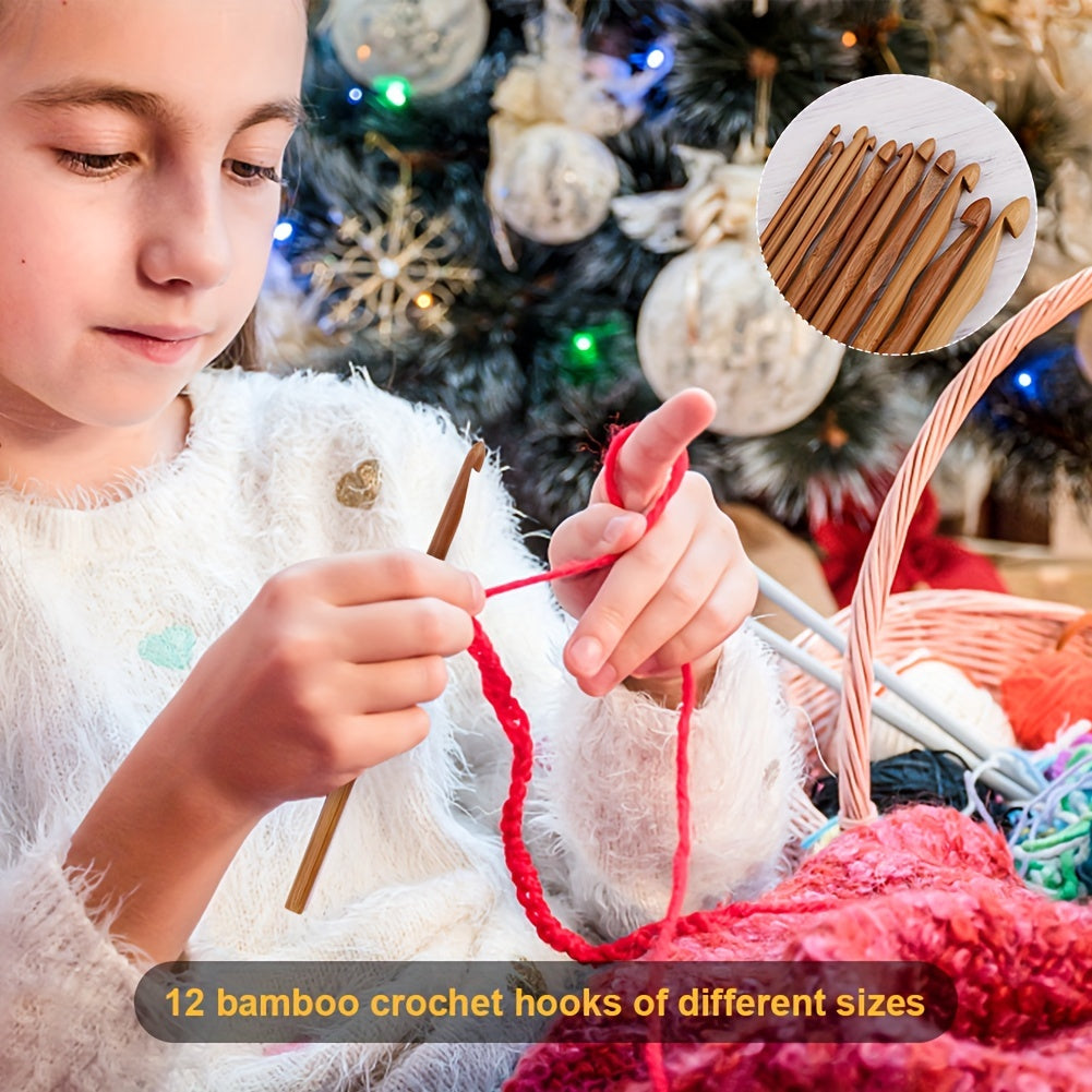 Elegant 1 Set Handcrafted Wooden Yarn Bowl with Lid & 12 Bamboo Crochet Hooks - Wool Yarn Holder Organizer for Knitting Enthusiasts - Artistic Craft Storage - Perfect for Crochet Projects Chef's Market