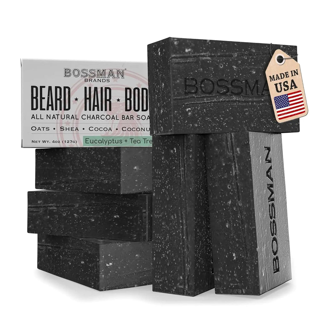 6-Pack 4-In-1 Charcoal Soap Bar (4 Oz) – Bar Soap for Men – All-Natural Beard Wash, Shampoo, Body Wash & Shaving Solution – Eucalyptus & Tea Tree Scent