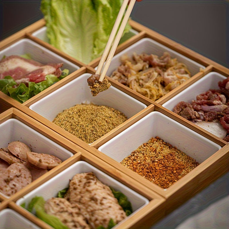 1pc Bamboo Divided Tray With Dish, Hotel Hot Pot Restaurant Cutlery, Divided Grill Tray For Sauces Around The Stove, Boiled Tea Dried Fruit Plate, For Home Restaurant Hot Pot Shop, Table Decors, Serveware Accessories Chef's Market