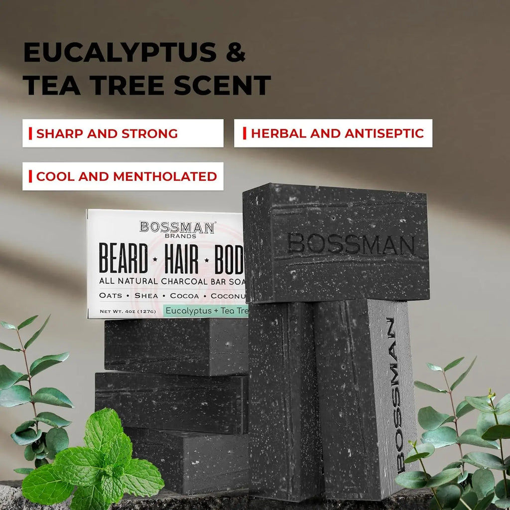 6-Pack 4-In-1 Charcoal Soap Bar (4 Oz) – Bar Soap for Men – All-Natural Beard Wash, Shampoo, Body Wash & Shaving Solution – Eucalyptus & Tea Tree Scent