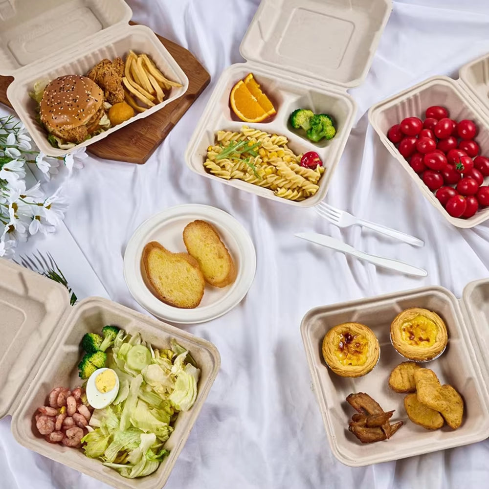 Clamshell Take Out Food Containers Compostable to Go Containers Disposable, 9X6 Inch Heavy-Duty to Go Boxes, Eco-Friendly