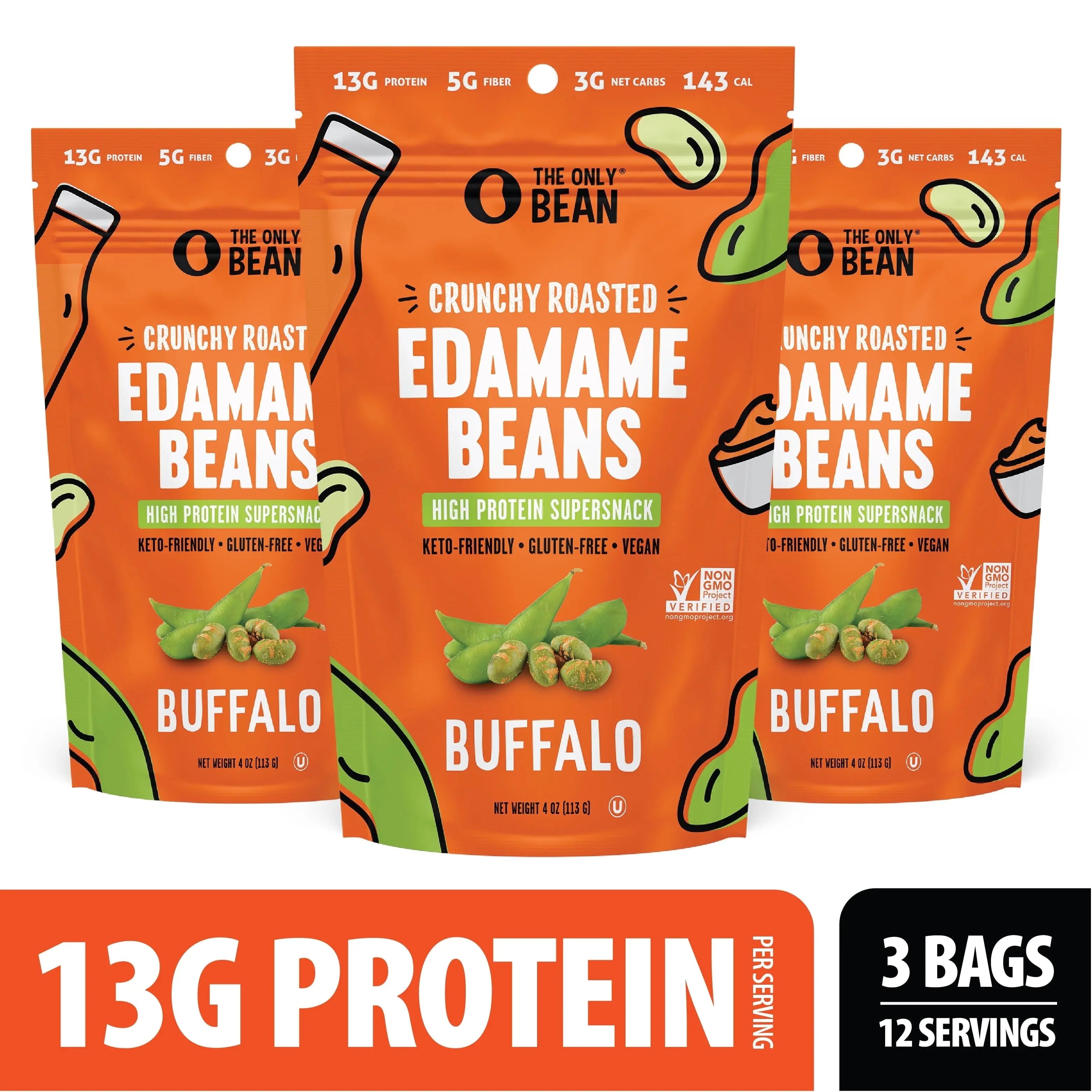 Crunchy Roasted Edamame Beans (Buffalo) - Keto Snacks (3G Net) - High Protein Healthy Snacks (13G Protein) - Low Carb, Gluten-Free Snack, Vegan Keto Food - 4 Oz (3 Pack)