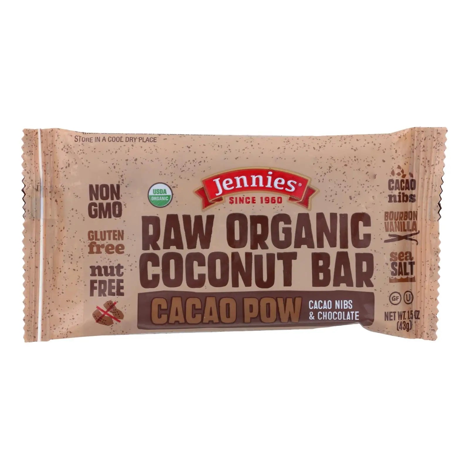 UD2 Jennie's Organic Cacao Powder Coconut Bar Case of 12-1.5 oz Organic Nut & Kernel Snack Chef's Market