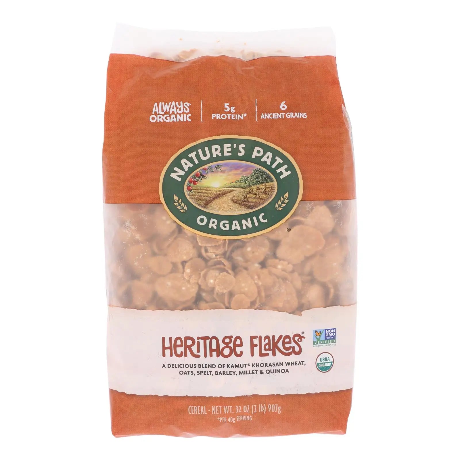 UD2 Nature's Path Organic Heritage Flakes Cereal 32 Oz. Case of 6 Dried Instant Adult Cereal in Bulk Bag and Bottle Packaging Chef's Market