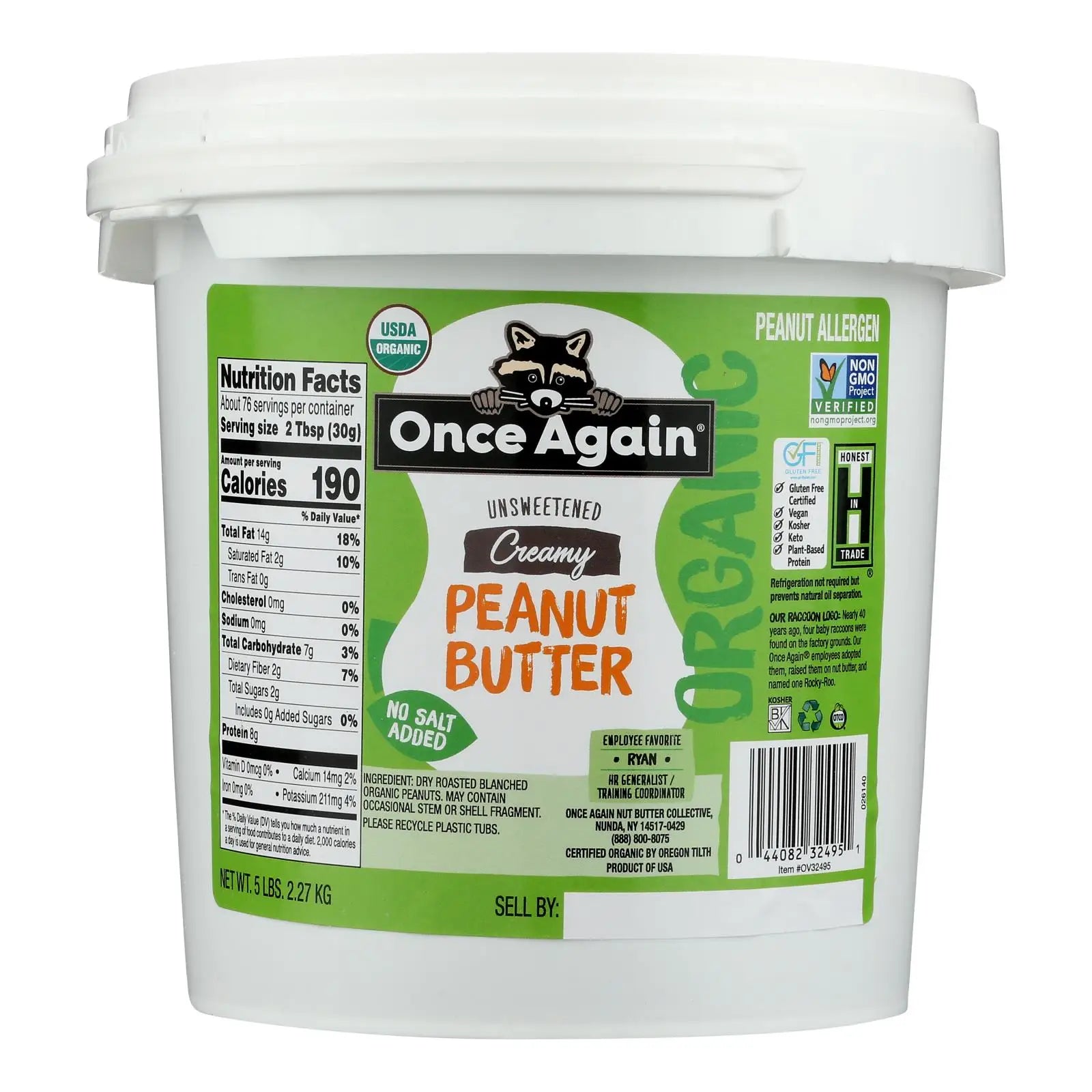 UD2 Once Again Organic Peanut Butter Creamy No Salt 1-5 Lb Bulk Bottle Natural Taste Chef's Market