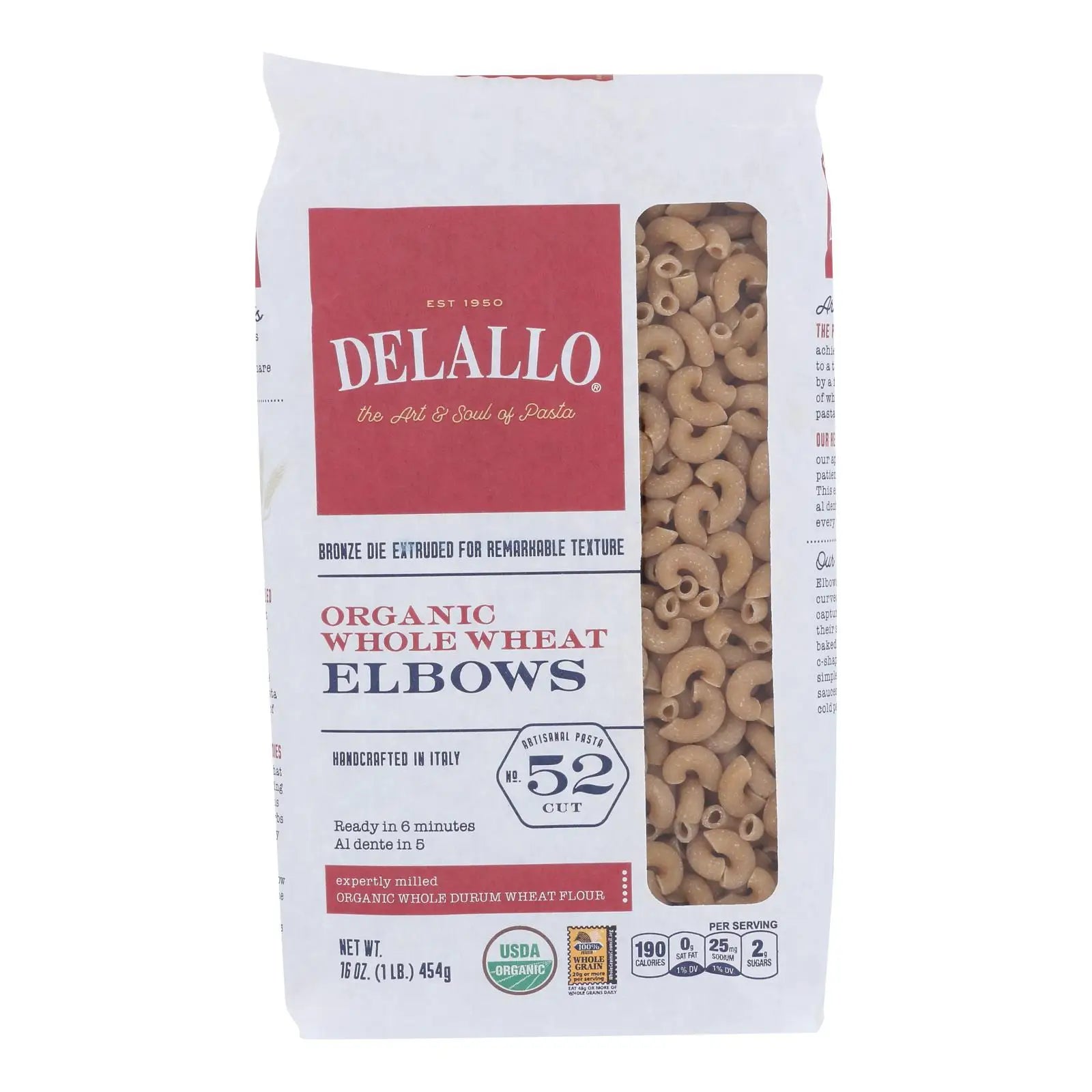 UD2 Delallo Organic Whole Wheat Macaroni Spaghetti #52 Elbows 12-16 Ounces Per Bag Gluten-Free Pasta Rice Primary Ingredient Chef's Market