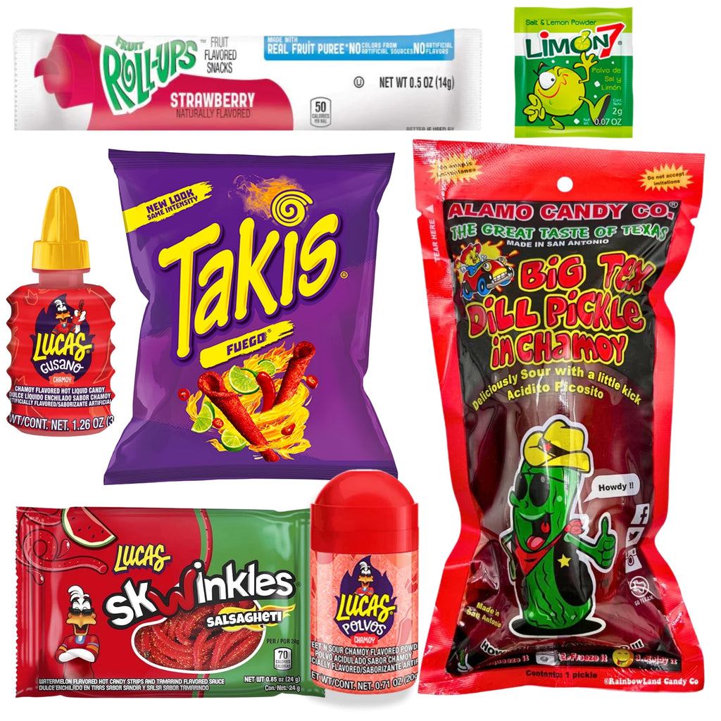Chamoy Pickle Kit - Includes the Big Tex Chamoy Pickle, Takis Fuego, Lucas Swinkles Salsaghetti & Other Mexican Candies