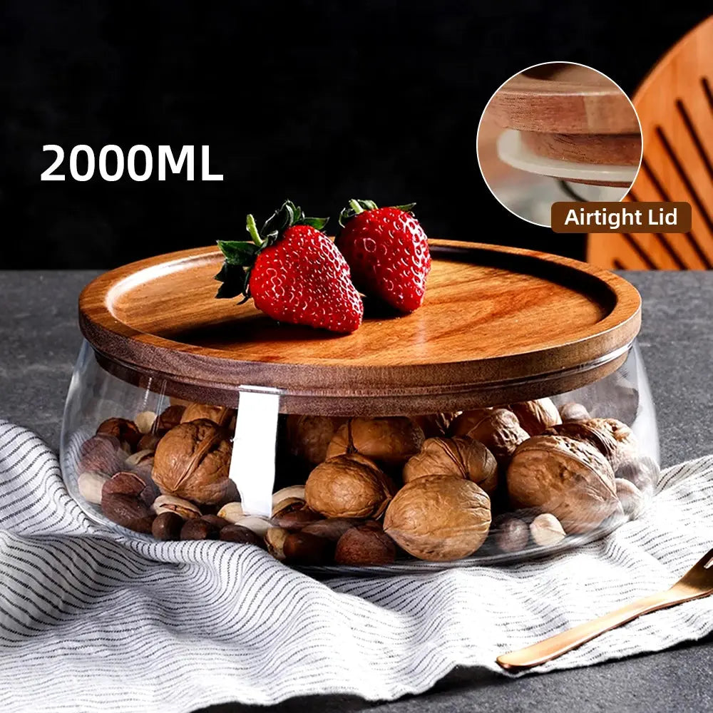 Glass Food Storage Container with Wooden Lid Multi Compartment Snack Fruit Organizer Kitchen Living Room Desktop Serving Tray colegio culinario de morelia