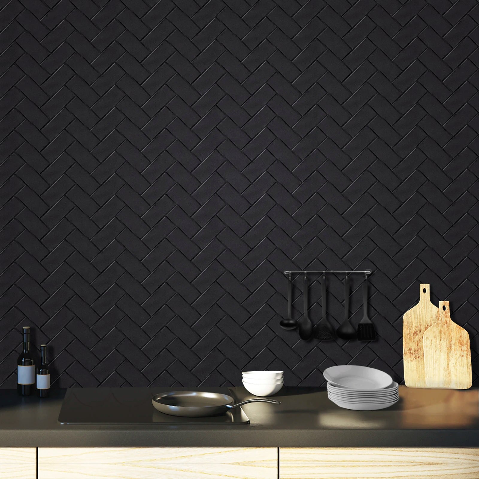 10 Pieces Peel and Stick Herringbone Wall Tiles DIY Kitchen Backsplash Big SIze Wall Sticker Waterproof Vinyl Wallpaper for Home Chef's Market