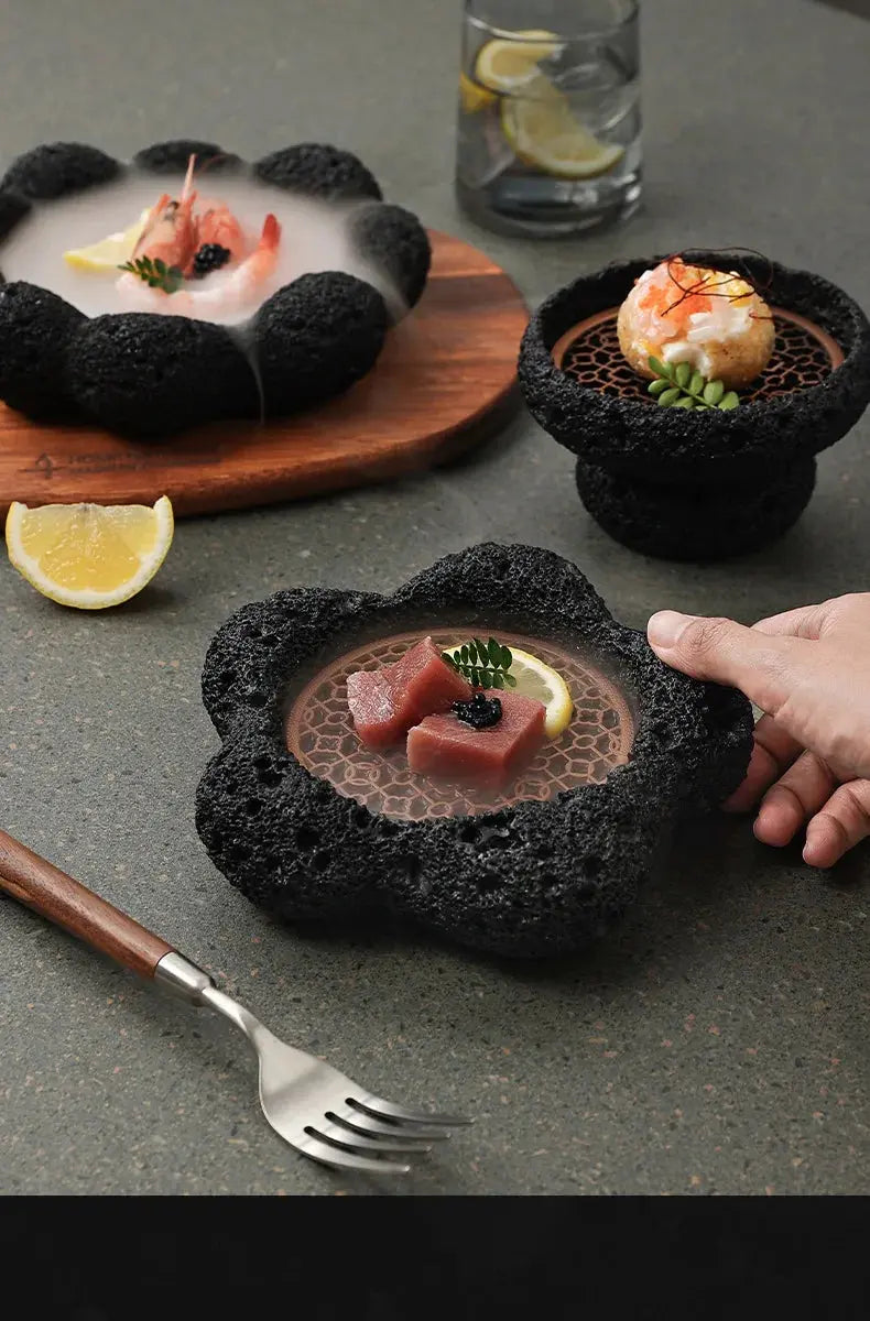 Japanese Tableware Rock Sushi Plate Coal Ball Volcanic Stone Swing Plate Steak Plate Hotel Creative Dining Plate Sushi Dish colegio culinario de morelia