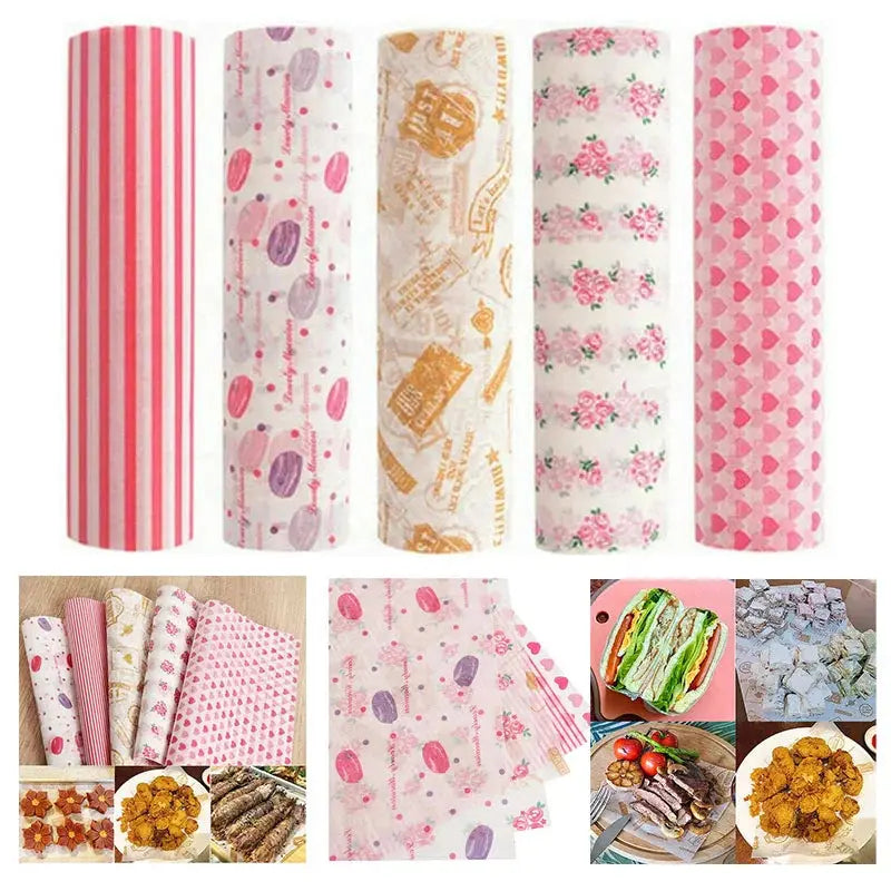 100Pcs Colorful Patterned Greaseproof Paper Food Wrapping Paper Wax Paper for Baking Sandwiches Hamburgers Snack Basket Liners colegio culinario de morelia