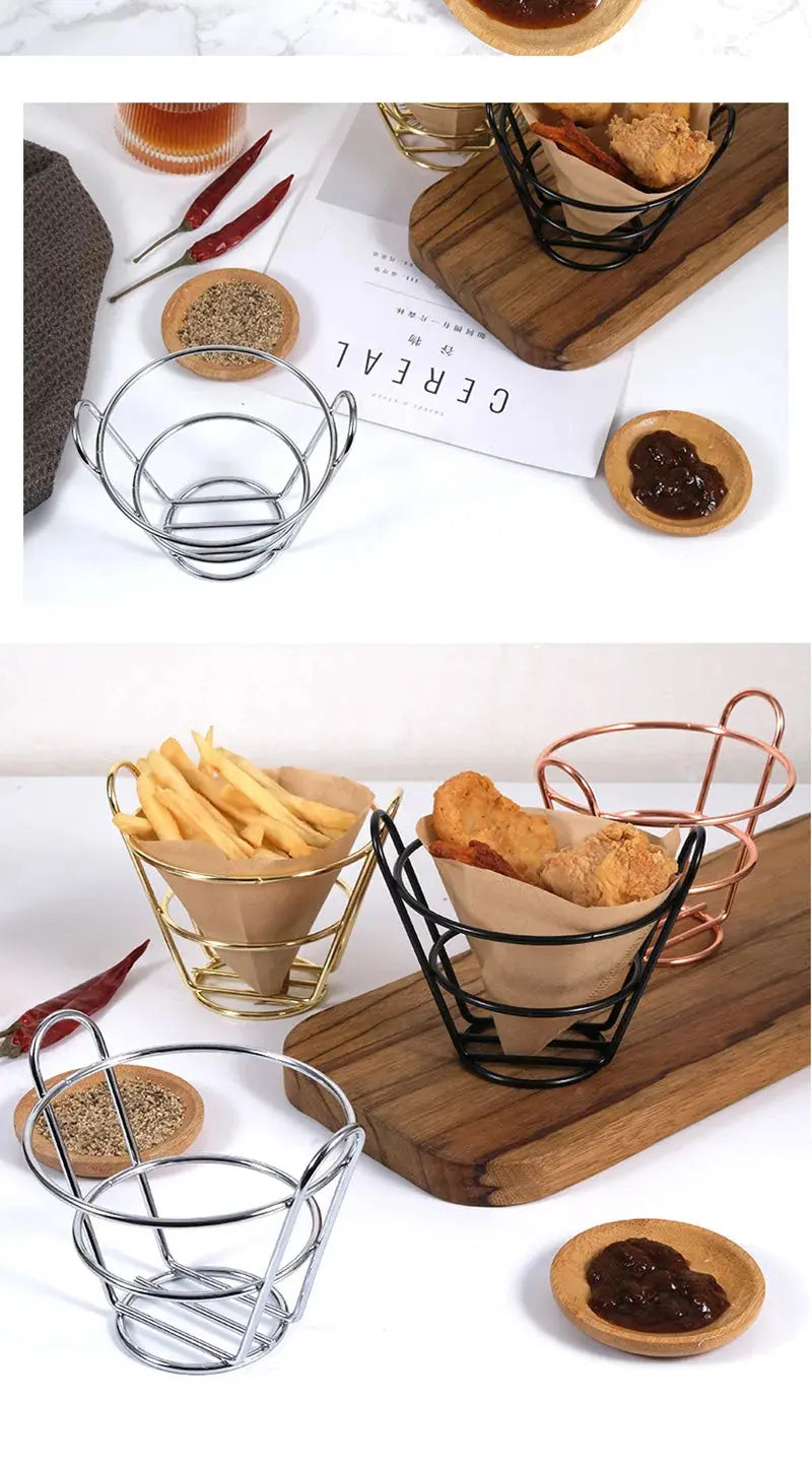 French Fries Stand Cone Basket Fry Holder with Dip Dishe Cone Snack Fried Chicken Display Rack Food Shelves Bowl Kitchen tools colegio culinario de morelia