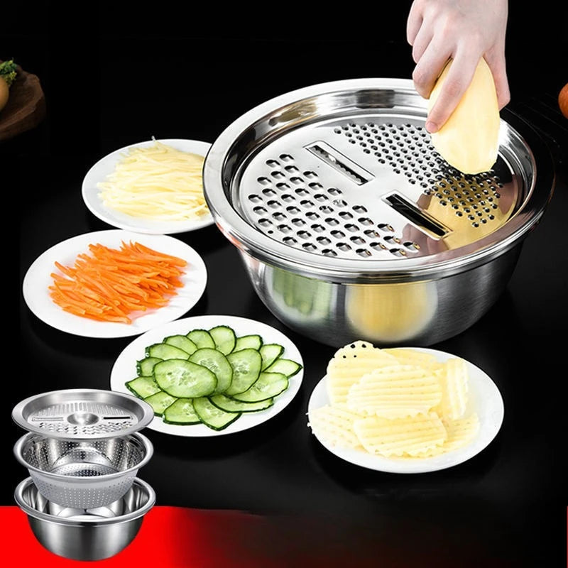 3PCS/1Set Vegetable Slicer, Stainless Steel Slicer, Potato Slicer, Vegetable Washing Basin, Drain Basket, Multifunctional Chef's Market