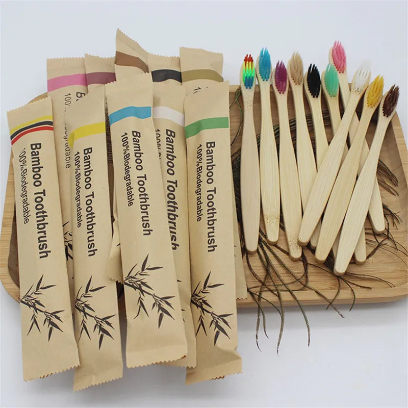 100 Pcs Biodegradable Eco-Friendly Natural Bamboo Charcoal Toothbrushes Soft Bristle Travel Wooden Manual Toothbrush Laser LOGO Chef's Market