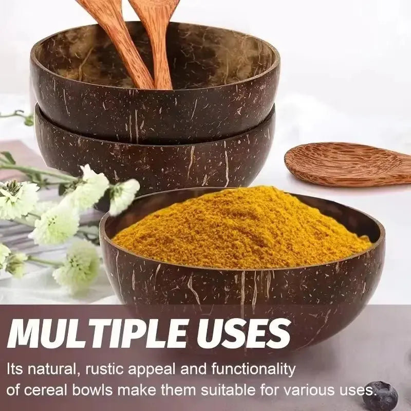 8/1PCS Natural Coconut Bowl Set Salad Coco Smoothie Mixing Rice Ramen Bowl with Wooden Spoon for Dessert Fruit Kitchen Tableware colegio culinario de morelia