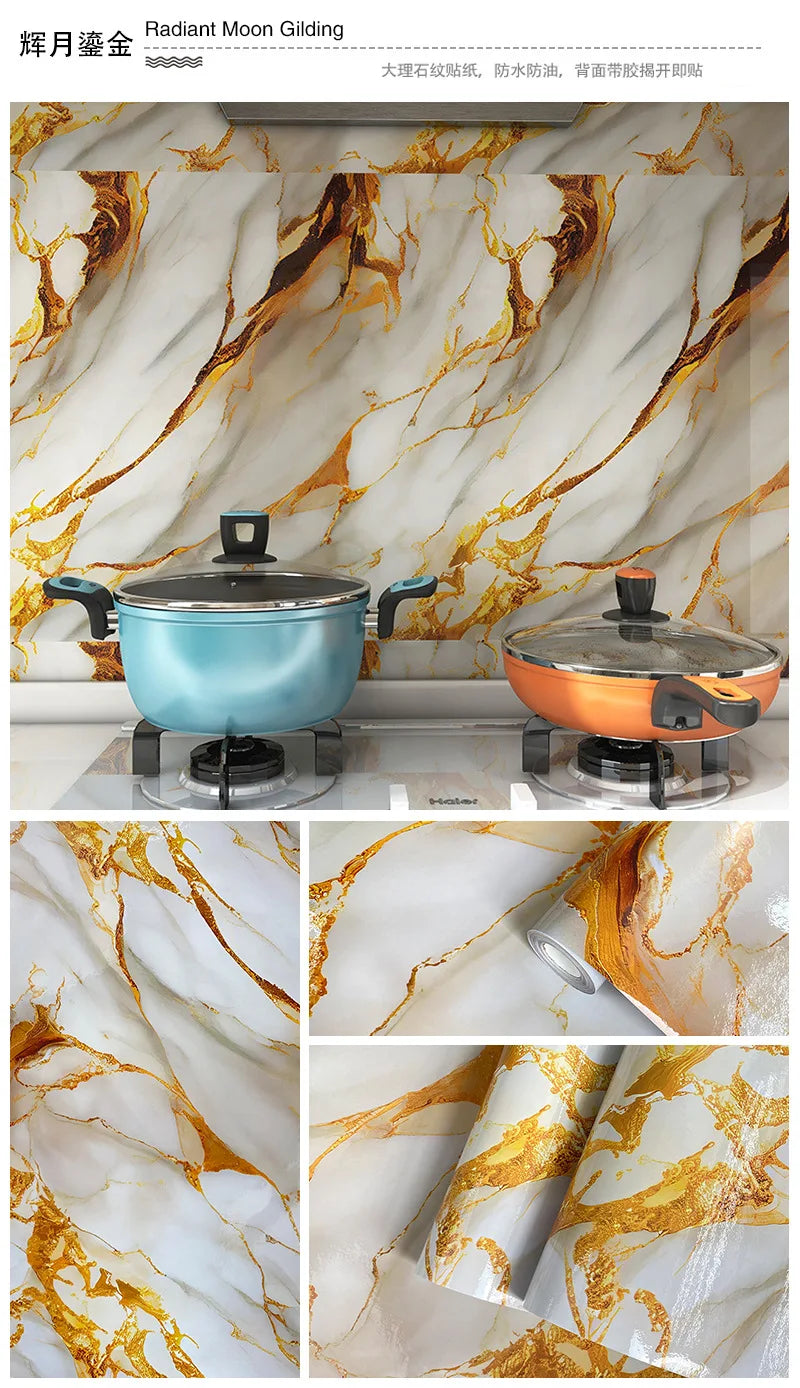 Gilded Imitation Marble Self-adhesive Wallpaper Living Room Background Kitchen Bathroom Waterproof Wall Sticker PVC Wallpaper Chef's Market