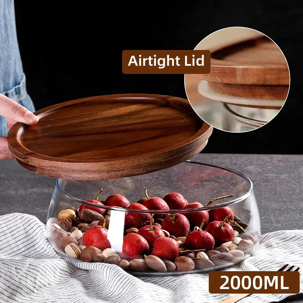 Glass Food Storage Container with Wooden Lid Multi Compartment Snack Fruit Organizer Kitchen Living Room Desktop Serving Tray colegio culinario de morelia