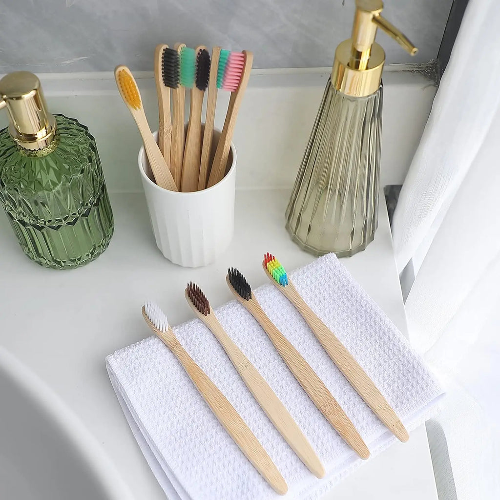 100 Pcs Biodegradable Eco-Friendly Natural Bamboo Charcoal Toothbrushes Soft Bristle Travel Wooden Manual Toothbrush Laser LOGO Chef's Market