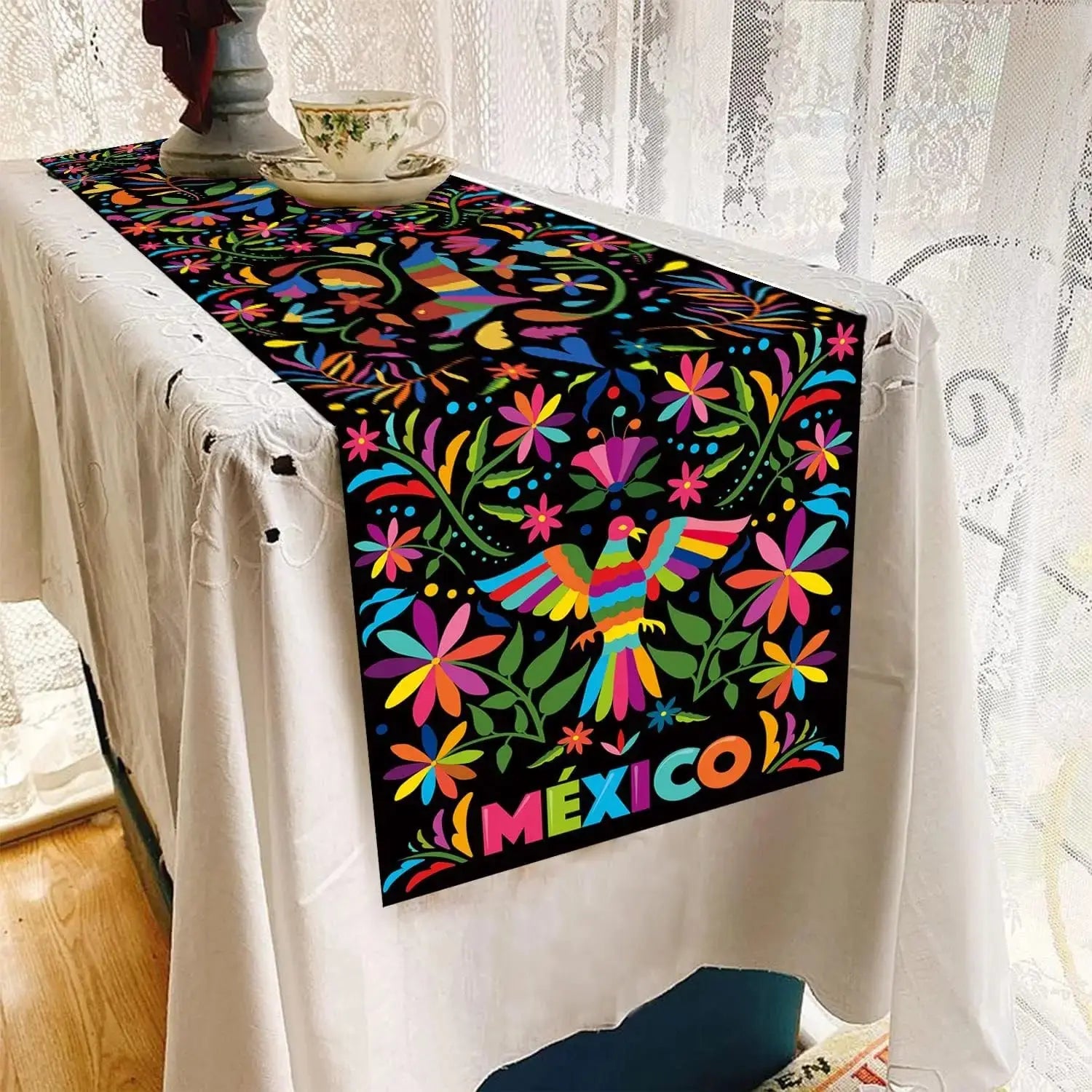 Mexican Fiesta Birds Floral Linen Table Runner Party Decor Reusable Day of The Dead Table Runner Kitchen Dining Table Decor colegio culinario de morelia
