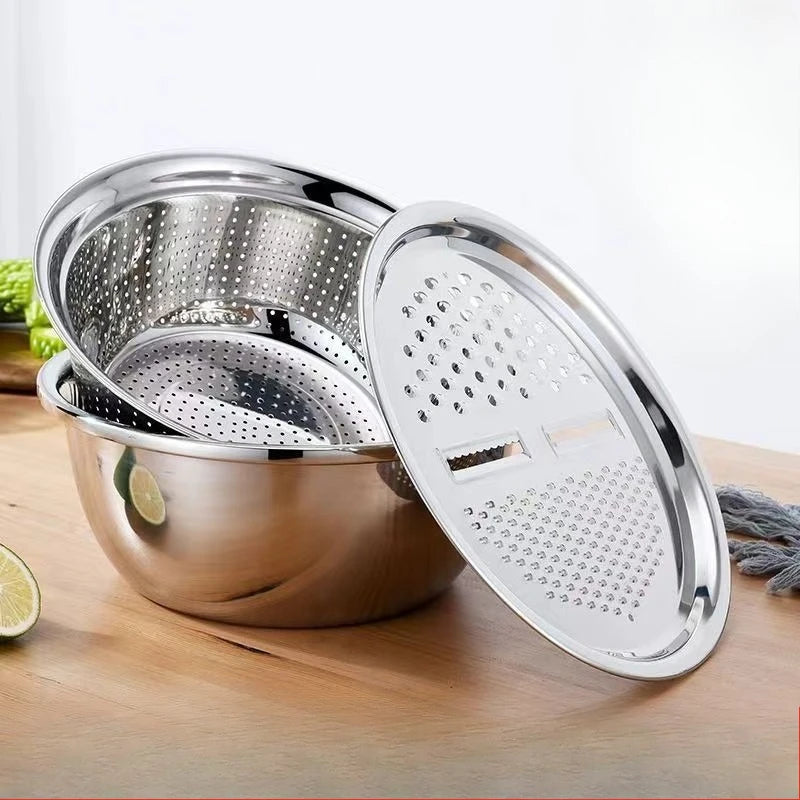 3PCS/1Set Vegetable Slicer, Stainless Steel Slicer, Potato Slicer, Vegetable Washing Basin, Drain Basket, Multifunctional Chef's Market