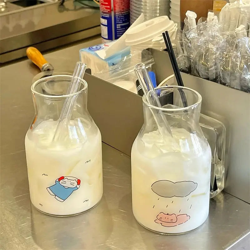 Kawaii Glass Cups And Straws Cold Coffee Cup Tumbler Aesthetic Cute Cat Korean Cups For Juice Beer Milk Tea Wine Glasses Cup colegio culinario de morelia