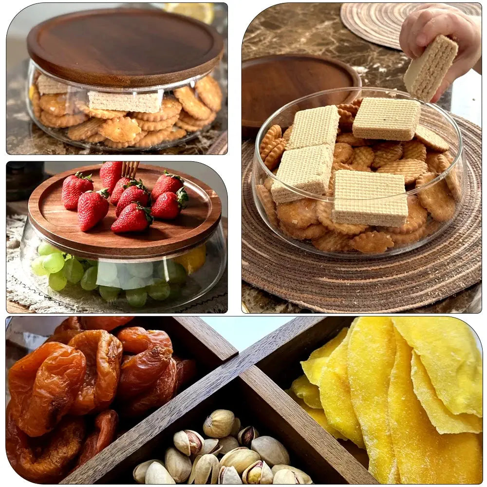 Glass Food Storage Container with Wooden Lid Multi Compartment Snack Fruit Organizer Kitchen Living Room Desktop Serving Tray colegio culinario de morelia