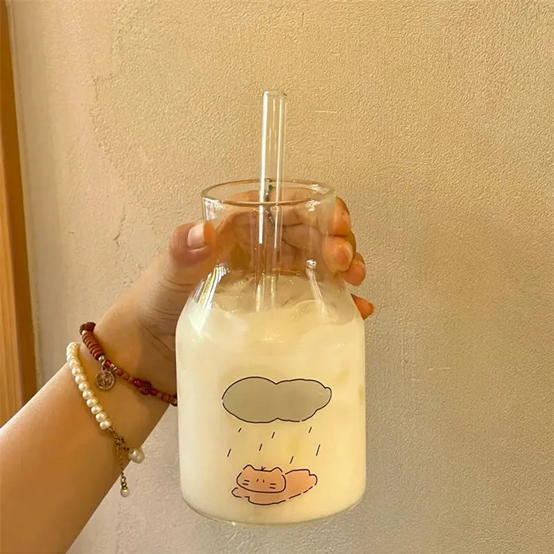 Kawaii Glass Cups And Straws Cold Coffee Cup Tumbler Aesthetic Cute Cat Korean Cups For Juice Beer Milk Tea Wine Glasses Cup colegio culinario de morelia