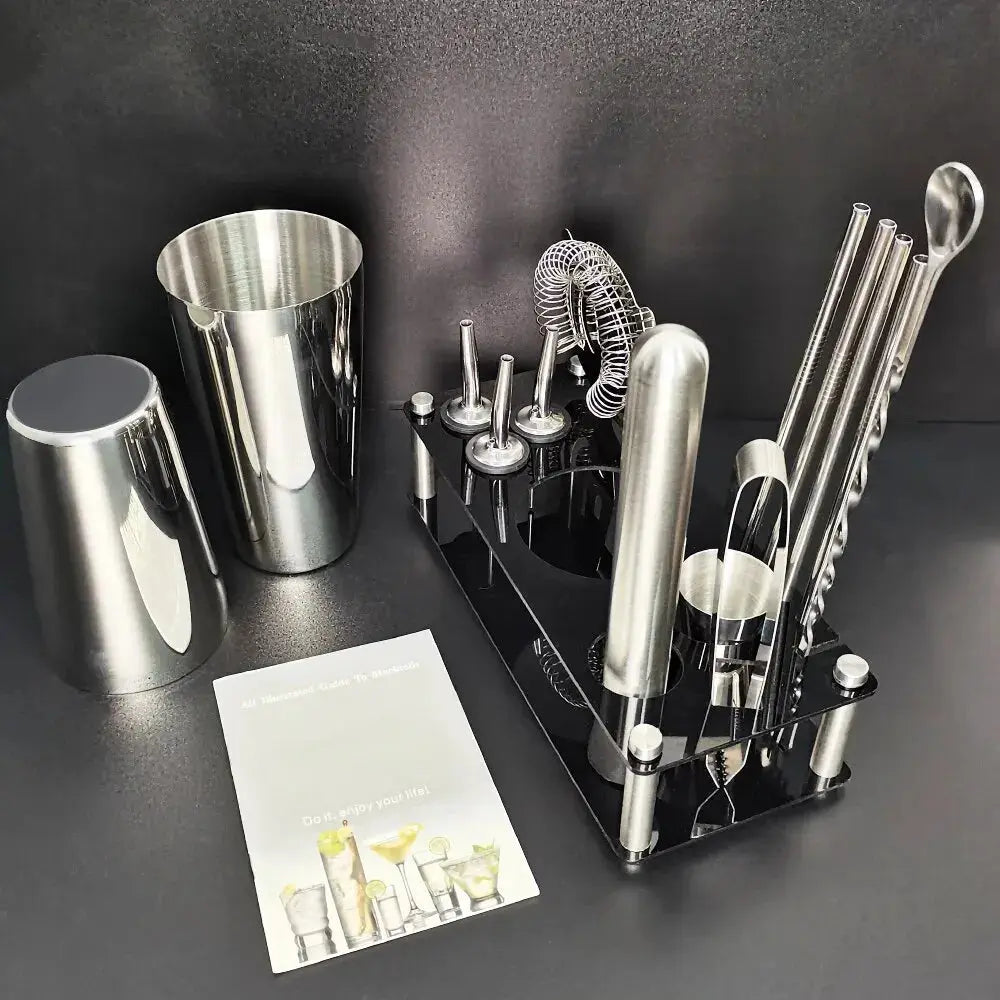 13 Piece 750ml 600ml Cocktail Shaker Set Stainless Steel Bar Tools with Black Stand, 750ml Shaker, Jigger, Spoon, Pourers colegio culinario de morelia