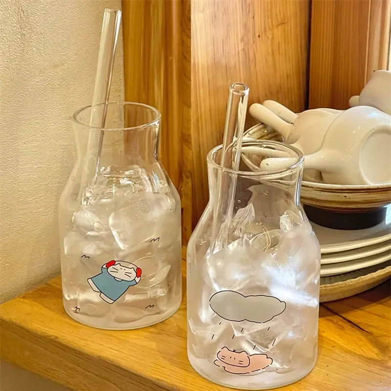 Kawaii Glass Cups And Straws Cold Coffee Cup Tumbler Aesthetic Cute Cat Korean Cups For Juice Beer Milk Tea Wine Glasses Cup colegio culinario de morelia