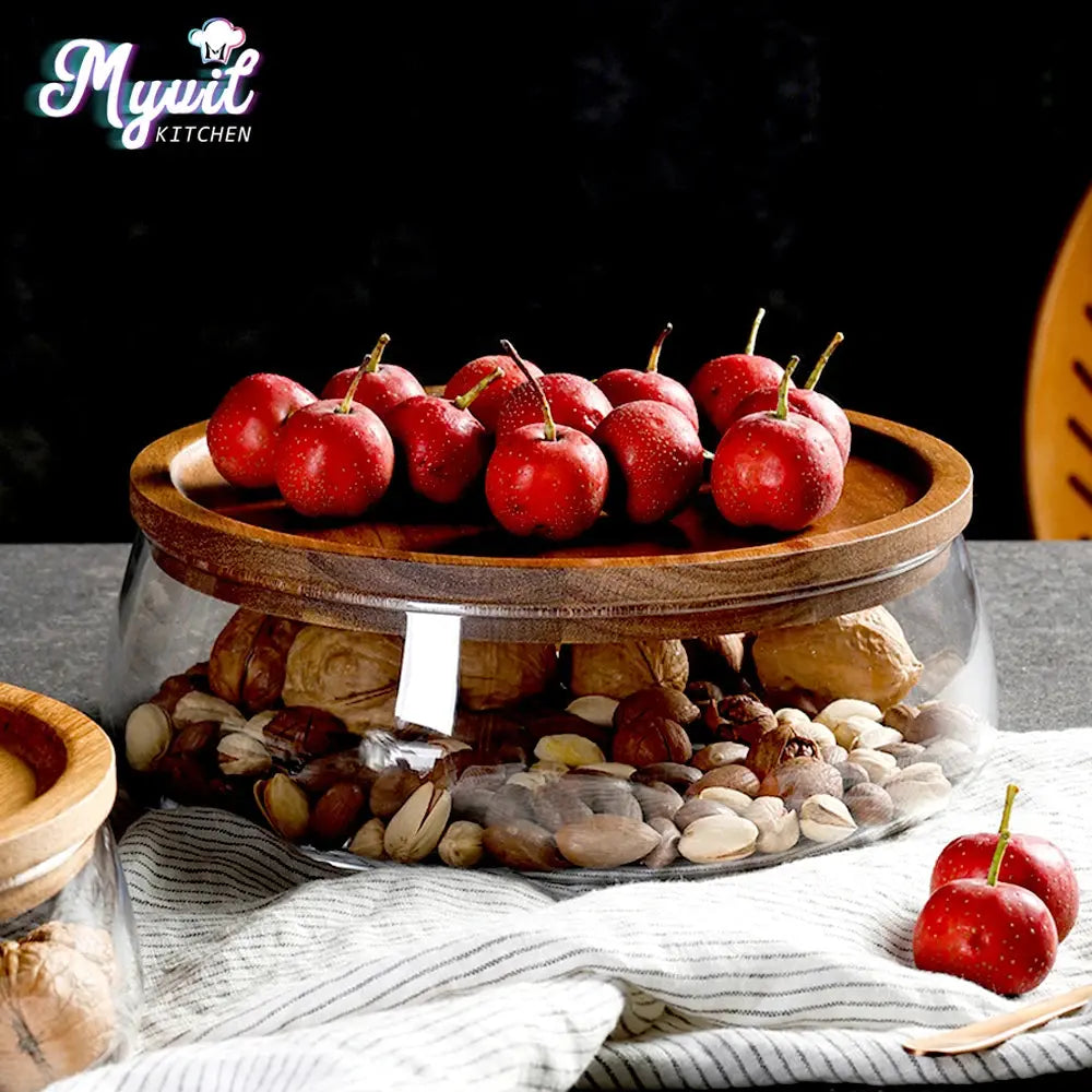 Glass Food Storage Container with Wooden Lid Multi Compartment Snack Fruit Organizer Kitchen Living Room Desktop Serving Tray colegio culinario de morelia