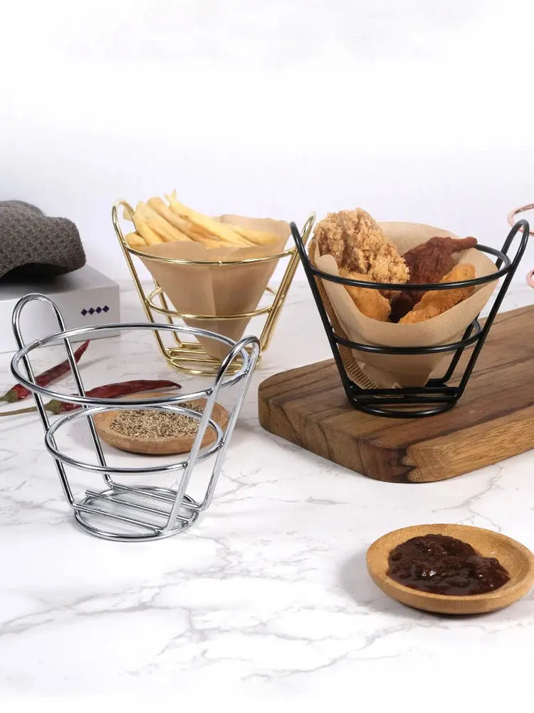 French Fries Stand Cone Basket Fry Holder with Dip Dishe Cone Snack Fried Chicken Display Rack Food Shelves Bowl Kitchen tools colegio culinario de morelia