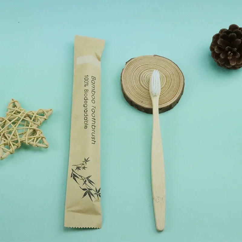 100 Pcs Biodegradable Eco-Friendly Natural Bamboo Charcoal Toothbrushes Soft Bristle Travel Wooden Manual Toothbrush Laser LOGO Chef's Market