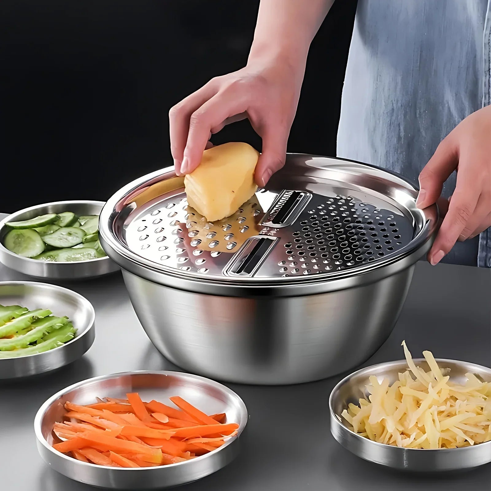 3PCS/1Set Vegetable Slicer, Stainless Steel Slicer, Potato Slicer, Vegetable Washing Basin, Drain Basket, Multifunctional Chef's Market