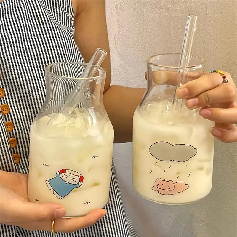 Kawaii Glass Cups And Straws Cold Coffee Cup Tumbler Aesthetic Cute Cat Korean Cups For Juice Beer Milk Tea Wine Glasses Cup colegio culinario de morelia