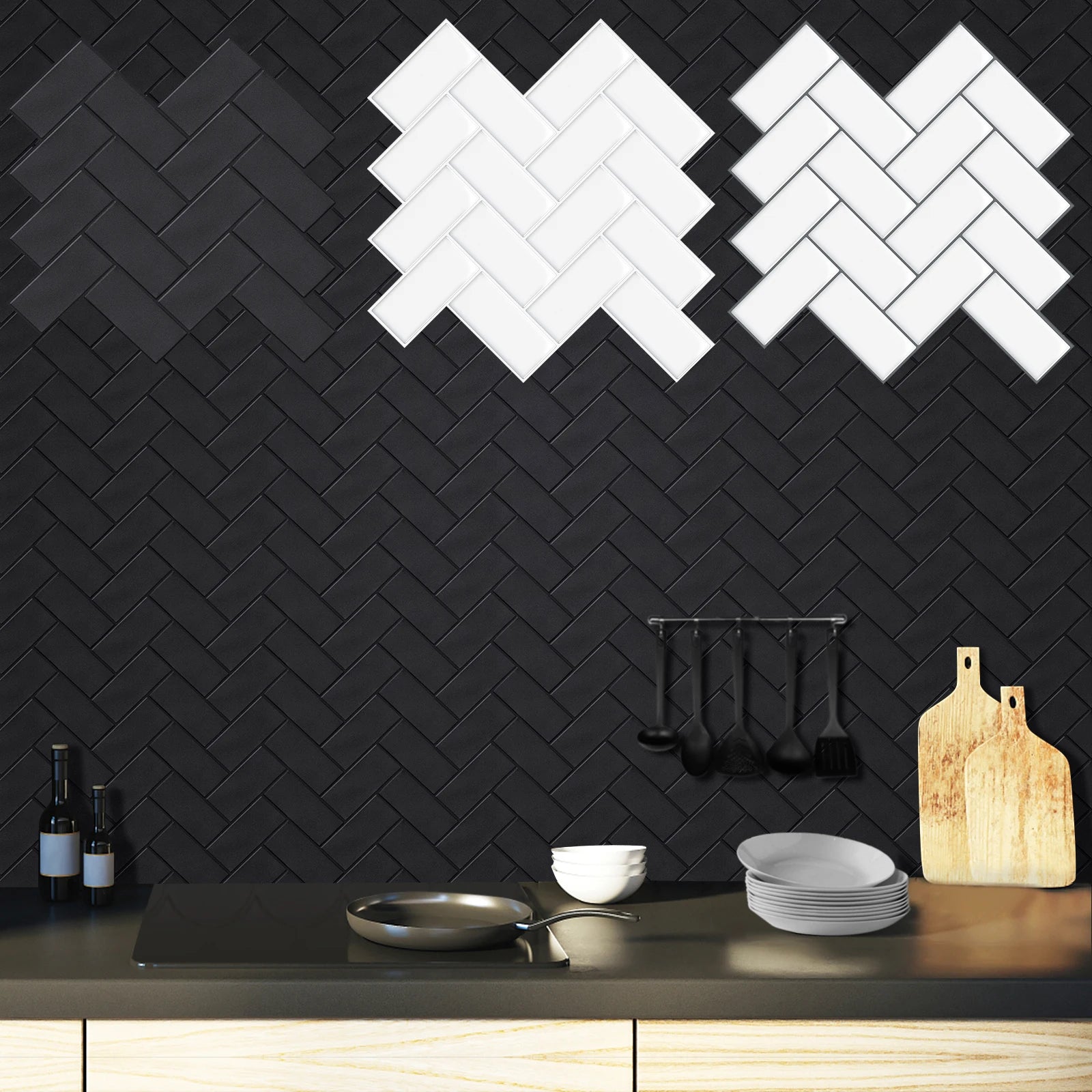 10 Pieces Peel and Stick Herringbone Wall Tiles DIY Kitchen Backsplash Big SIze Wall Sticker Waterproof Vinyl Wallpaper for Home Chef's Market