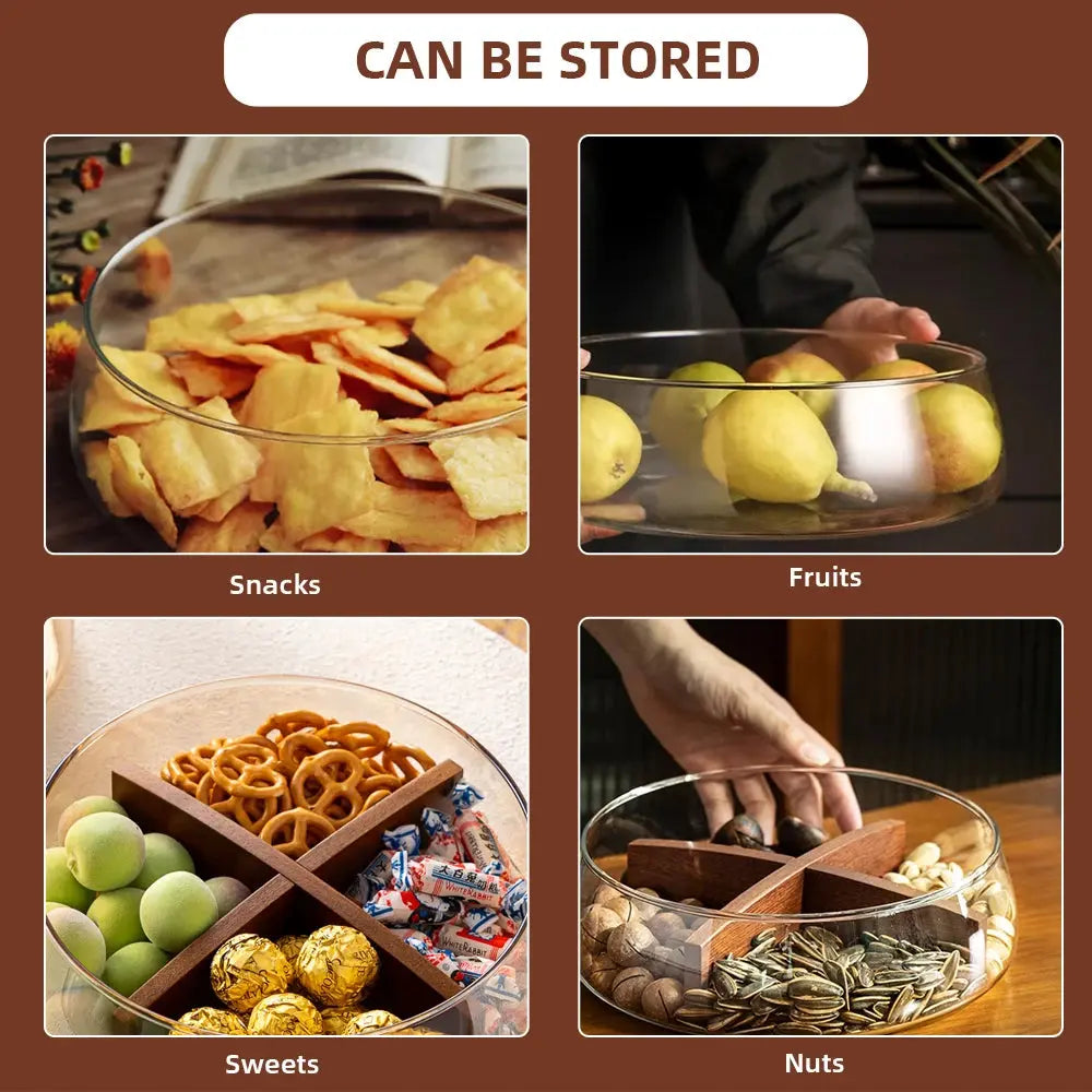 Glass Food Storage Container with Wooden Lid Multi Compartment Snack Fruit Organizer Kitchen Living Room Desktop Serving Tray colegio culinario de morelia