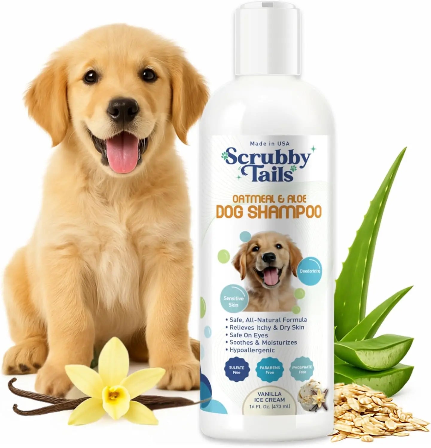 Organic Puppy Oatmeal Shampoo for Itchy Skin - Hypoallergenic, Tearless, Deodorizing, 16oz, Made in USA Chef's Market
