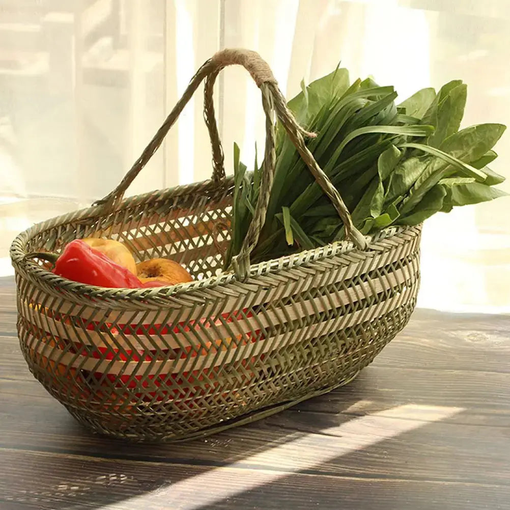 Ergonomic Handle Bamboo Shopping Basket Kitchen Fruit Storage Vegetable Holder Home Storage ganization Weaving Baskets Harvest colegio culinario de morelia