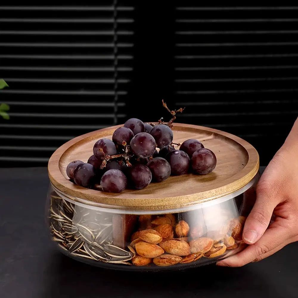 Glass Food Storage Container with Wooden Lid Multi Compartment Snack Fruit Organizer Kitchen Living Room Desktop Serving Tray colegio culinario de morelia