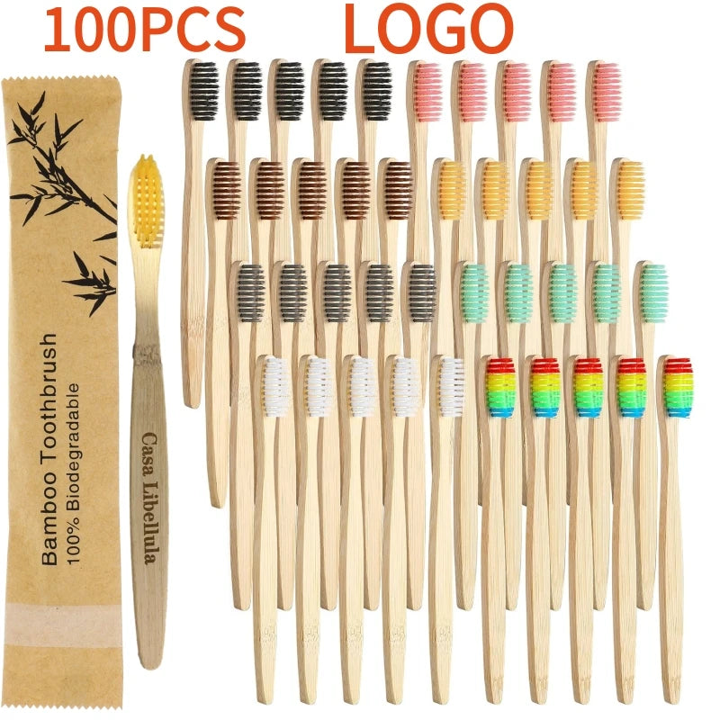 100 Pcs Biodegradable Eco-Friendly Natural Bamboo Charcoal Toothbrushes Soft Bristle Travel Wooden Manual Toothbrush Laser LOGO Chef's Market