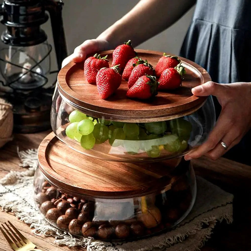 Glass Food Storage Container with Wooden Lid Multi Compartment Snack Fruit Organizer Kitchen Living Room Desktop Serving Tray colegio culinario de morelia