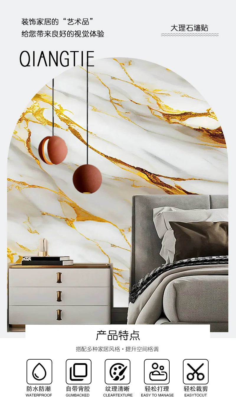 Gilded Imitation Marble Self-adhesive Wallpaper Living Room Background Kitchen Bathroom Waterproof Wall Sticker PVC Wallpaper Chef's Market