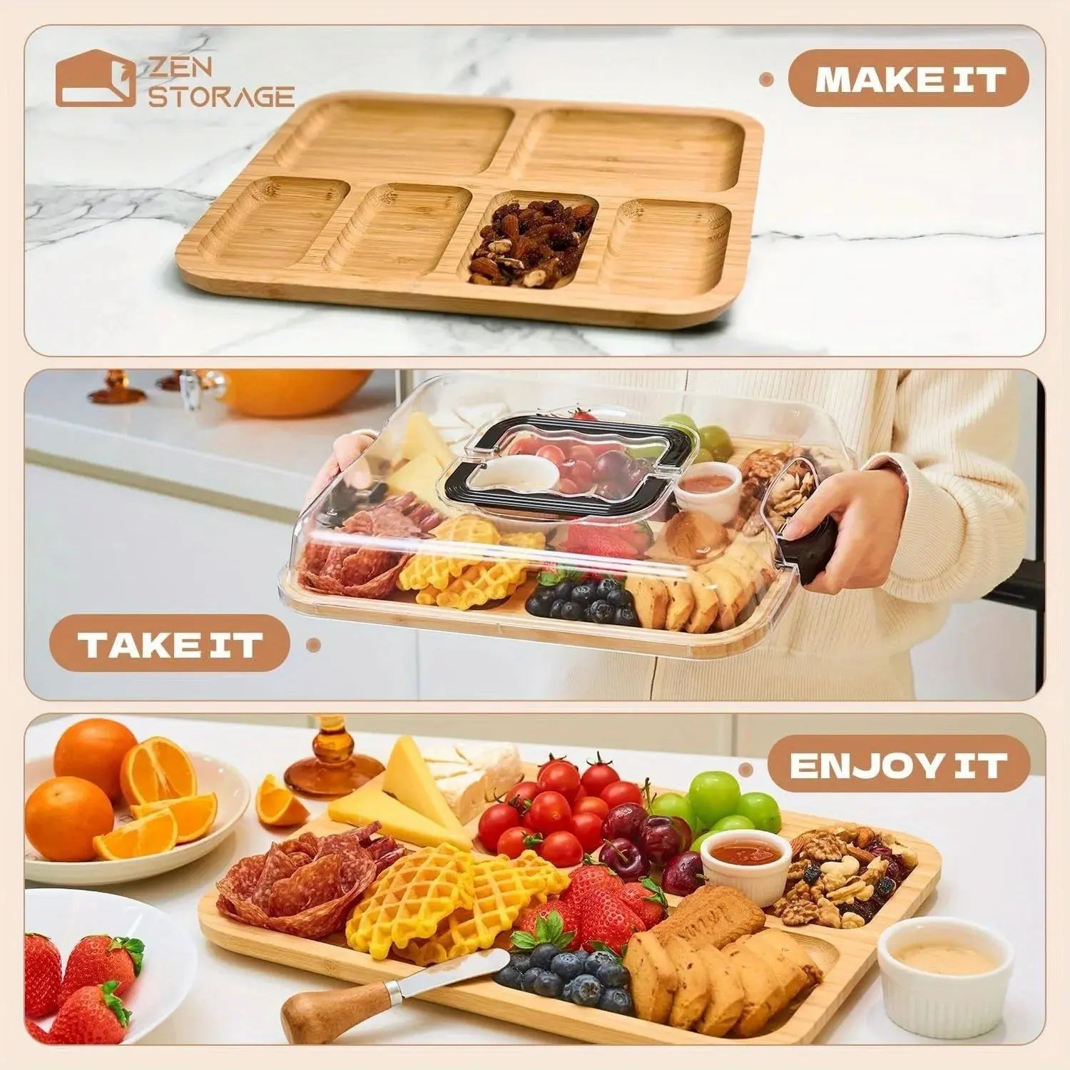 1-piece Eco-friendly Bamboo Cheese Board with Safety Snap-on Acrylic Lid - Portable Food Tray for Camping, Parties, Restaurants colegio culinario de morelia