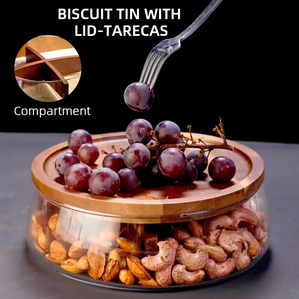 Glass Food Storage Container with Wooden Lid Multi Compartment Snack Fruit Organizer Kitchen Living Room Desktop Serving Tray colegio culinario de morelia