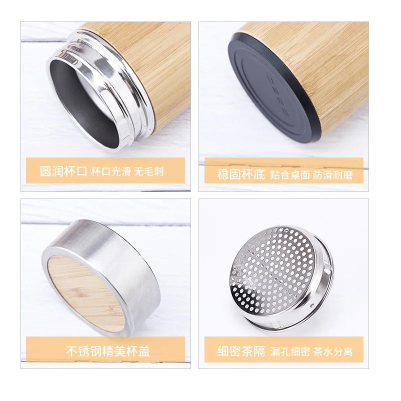Bamboo Crafts Bamboo Tea Thermos Steel Double Wall Coffee Tea Bamboo Vacuum Flask 400-500ml Chef's Market