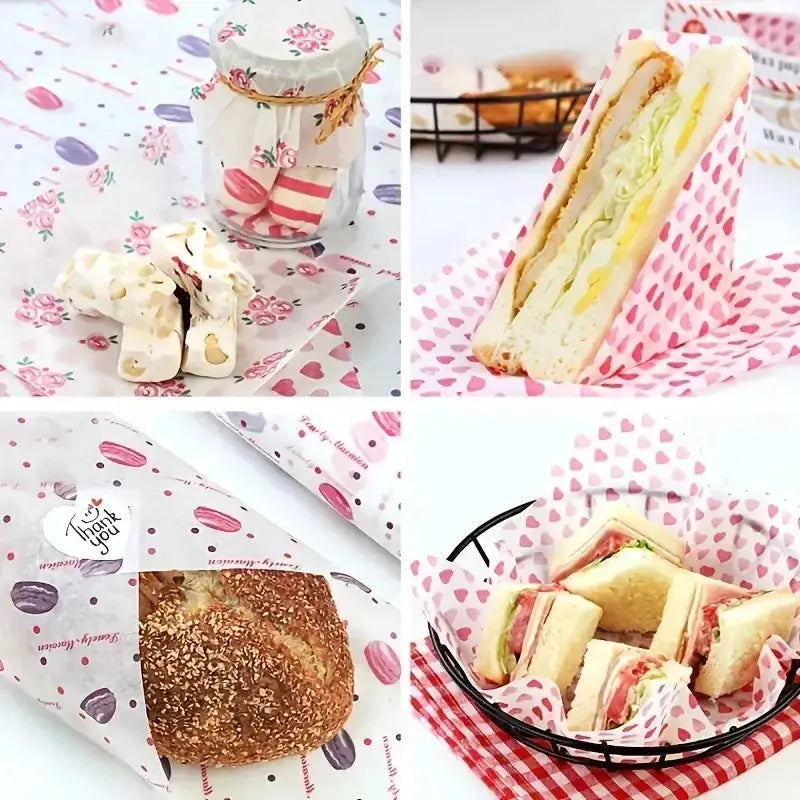 100Pcs Colorful Patterned Greaseproof Paper Food Wrapping Paper Wax Paper for Baking Sandwiches Hamburgers Snack Basket Liners colegio culinario de morelia