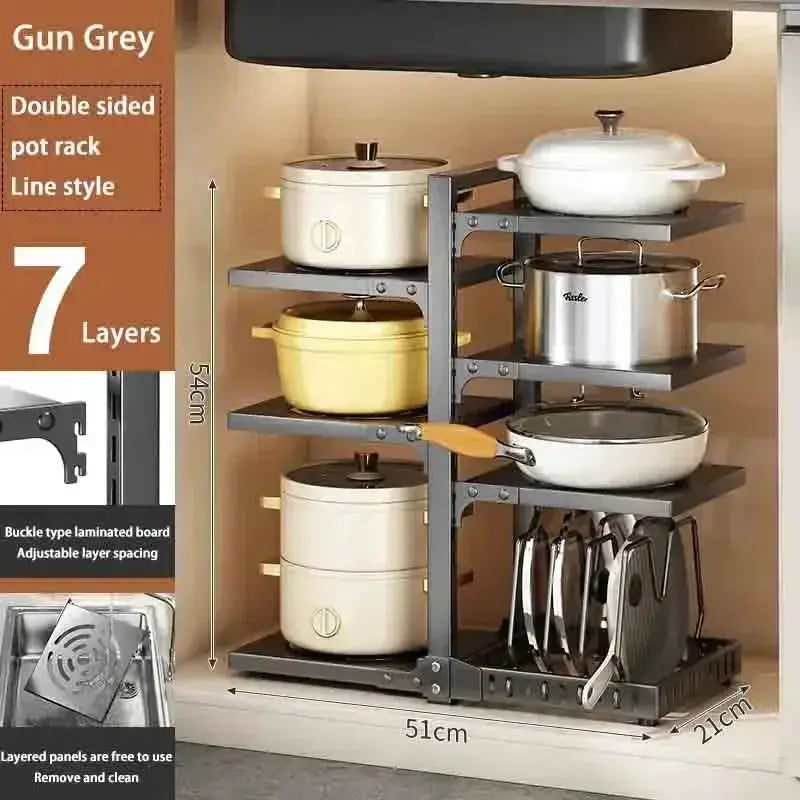 Kitchen Under Sink Pot Holder Multilayer Frying Pan Rice Cooker Seasoning Storage Rack Adjustable Stainless Steel Organizer colegio culinario de morelia