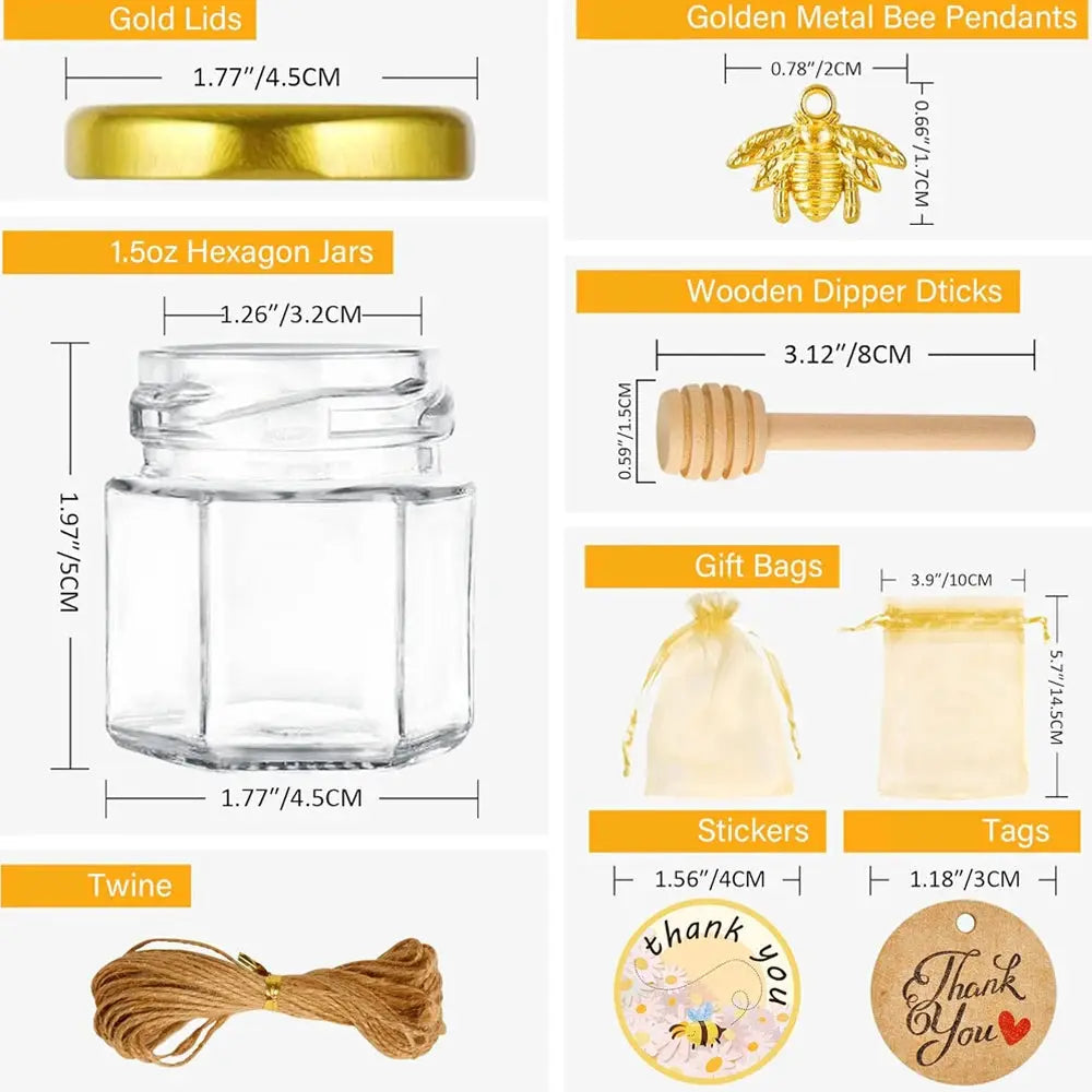 1.5 Oz Hexagon Mini Glass Honey Jars With Wood Dipper, Bee Pendants And Jutes, For Baby Shower, Wedding Favors, Party Favors colegio culinario de morelia