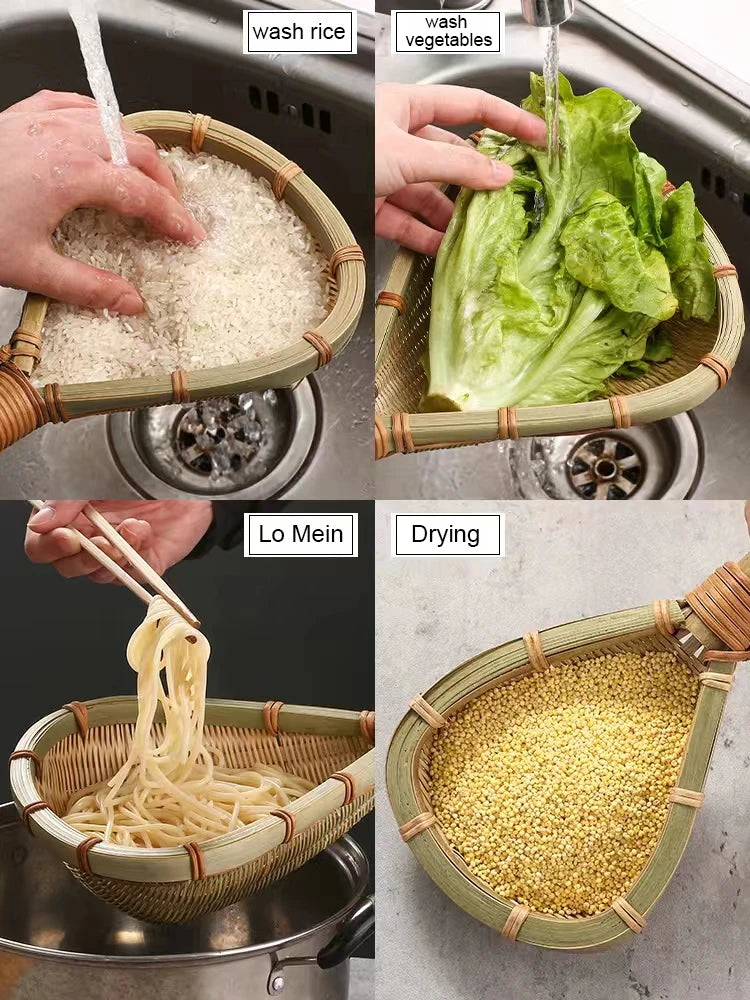 Bamboo weaving colander kitchen bamboo dustpan draining bamboo basket rice sieve scoop fruit basket kitchen storage organizer Chef's Market